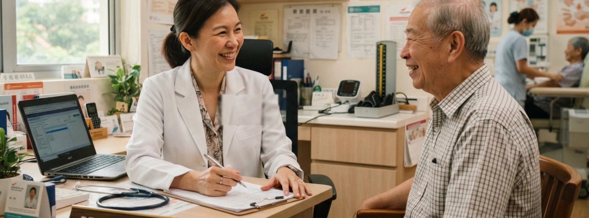 A Dunman Medical Clinic doctor consulting warmly with a patient